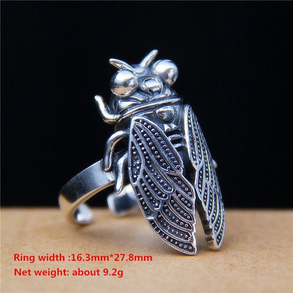 

real 925 sterling silver male punk rock vivid texture clear cicada finger ring for men women unique animal jewelry, Slivery;golden