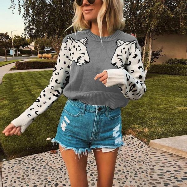 

women's sweaters autumn knitted o-neck sweater for women leopard pattern long sleeve casual pullovers outwear female winter loose jumpe, White;black