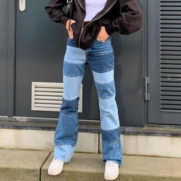 

women jeans womens denim trousers hem straight flared bottoms pants streetwear patchwork stitching wide leg oversize high waist, Blue