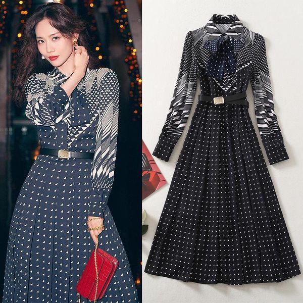 

casual dresses women s dress lapel geometric print lace up fashion versatile, Black;gray