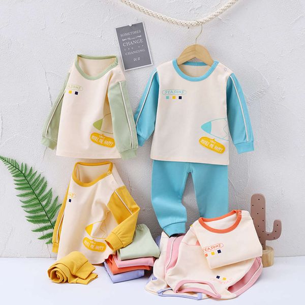 

new children's autumn trousers set cotton wool cartoon printed boys' girls' pajamas and baby's home clothes, Blue;red