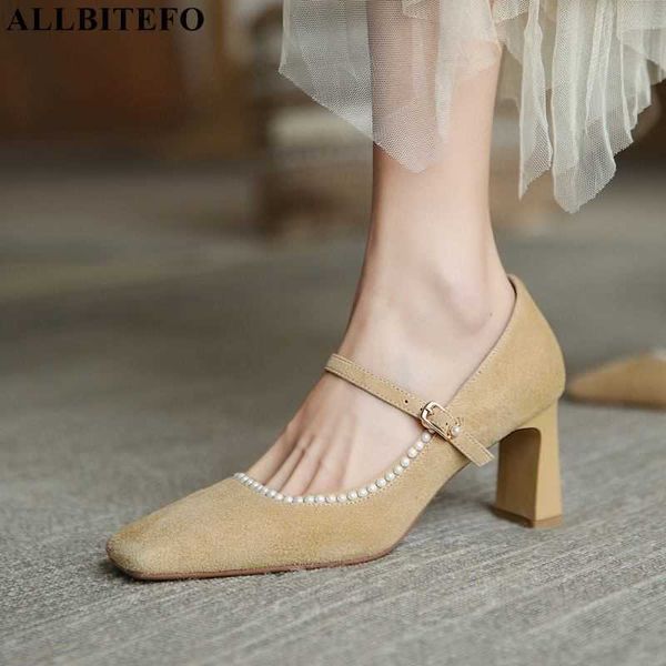 

allbitefo buckle fashion soft genuine leather high heels women pumps women heels club party wedding shoes basic shoes 210611, Black