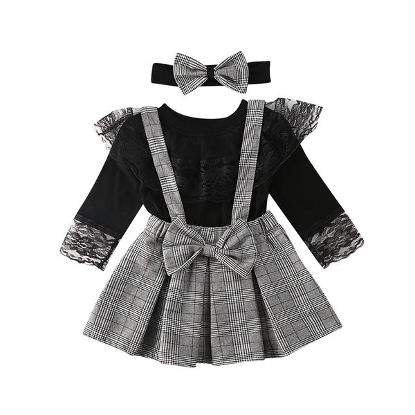 Black Lace T-Shirt and Plaid Ruffles Skirt set in for Toddler Girls Aged 1-6 Years - Spring Girl Costumes 211021