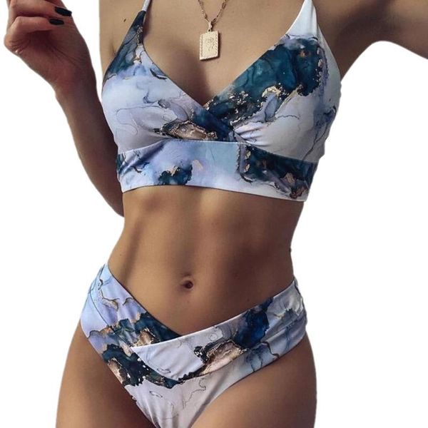 

one-piece suits marble print bikini 2021 women swimsuit high waist set push up swimwear female brazilian bathing suit beach wear biquini