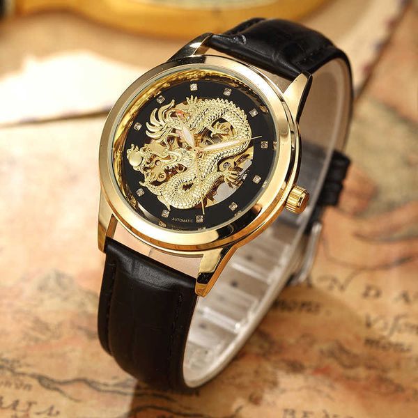 Luxury Fashion Dragon Skeleton Orologi da polso meccanici automatici per uomo Cinturino in pelle Orologio dorato Uomo impermeabile relogio Regalo Q0902