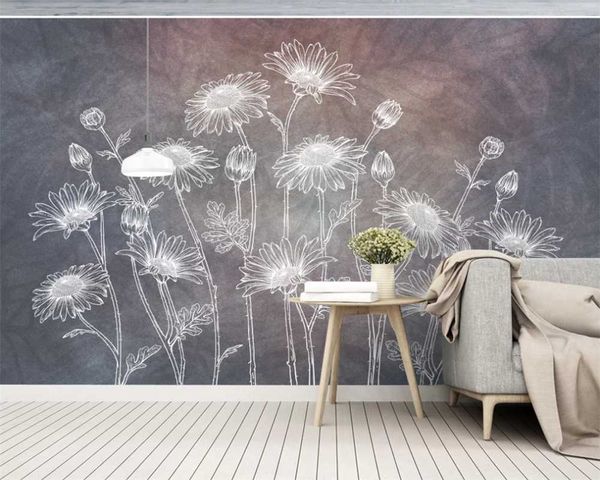 

customized 3d wallpaper 8d mural modern minimalist nordic retro abstract hand-painted sunflower line tv background wall