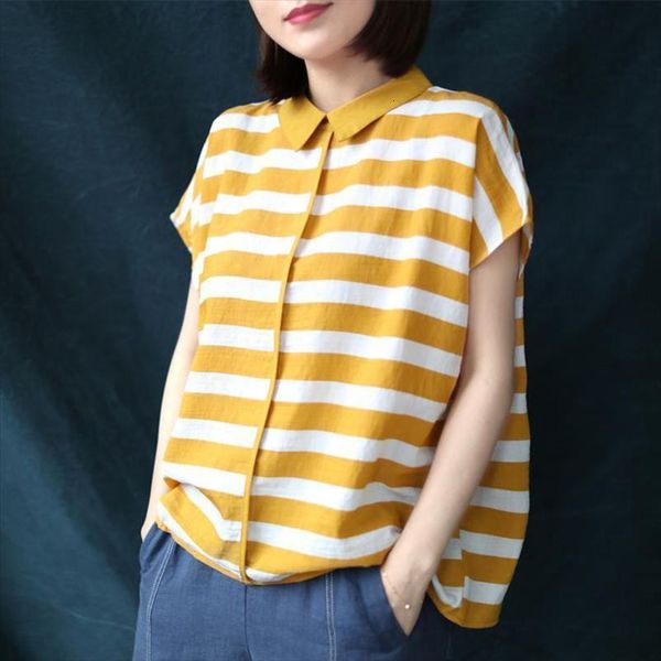 

summer arts style loose women blouses striped peter pan collar short sleeve casual plus size blusas mujer s966, White