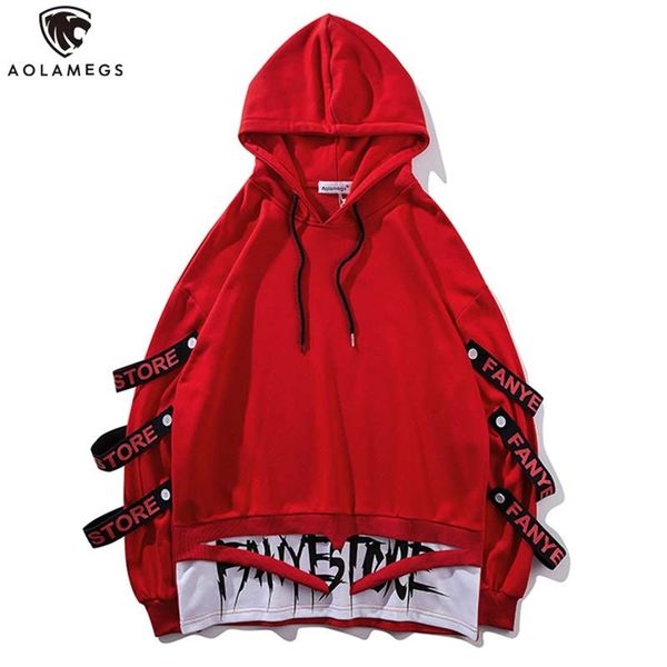 

aolamegs hoodies men fake 2 pieces ribbons hooded high street pullover sweatshirt fashion hip hop streetwear hoodie autumn 210813, Black