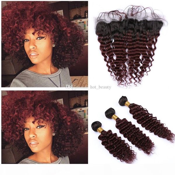 

wine red deep wave virgin hair wefts with frontal pieces two tone 1b 99j color hair weaves with ear to ear frontal 13x4, Black