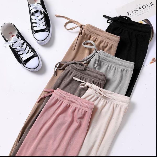 

soft comfort high waist casual women capri summer slacks ice silk ankle length long trousers female, Black;white