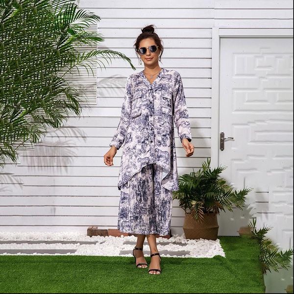 

ewq] 2021 new pattern summer long lantern sleeve print patchwork and ankle length pants two piece set women 3aj68905a, Gray
