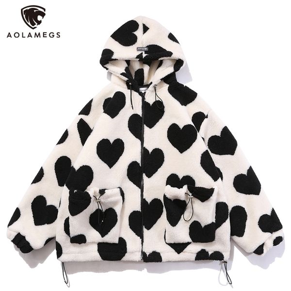 Aolamegs Carino Stampa a forma di cuore Giacca invernale in lana d'agnello Uomo Tasche con coulisse Cerniera con cappuccio High Street Coppia calda Streetwear 210723