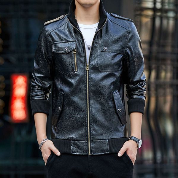 

spring and autumn new fashion pu casual korean slim leather military men's jacket youthwinter, Black;brown