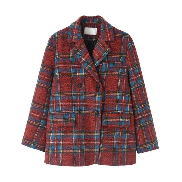 

vsue women red blazer notch collar high street long sleeve plaid button pocket chic double-breasted c0470, White;black