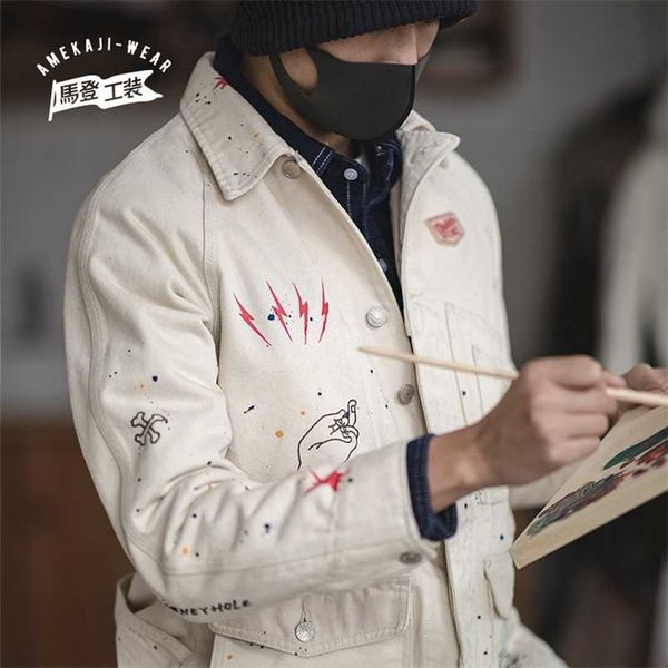 

maden grafiti jackets for men tooling french retro hunting casual white denim jacket shirt slim japanese jacket men's trend 211103, Black;brown