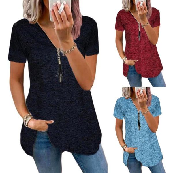 

women's blouses & shirts good quality tassel zipper front blouse v-neck casual slim short women 2021 summer tees large sizes s-5xl, White