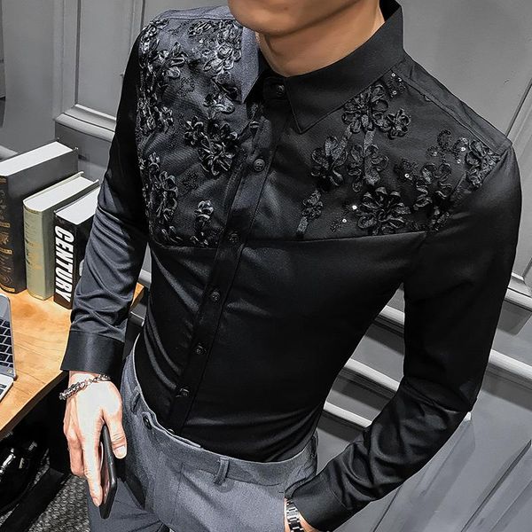 

men's dress shirts spring autumn lace split floral shirt men long sleeve hairstyle black white male camisa social masculina slim fit v3, White;black