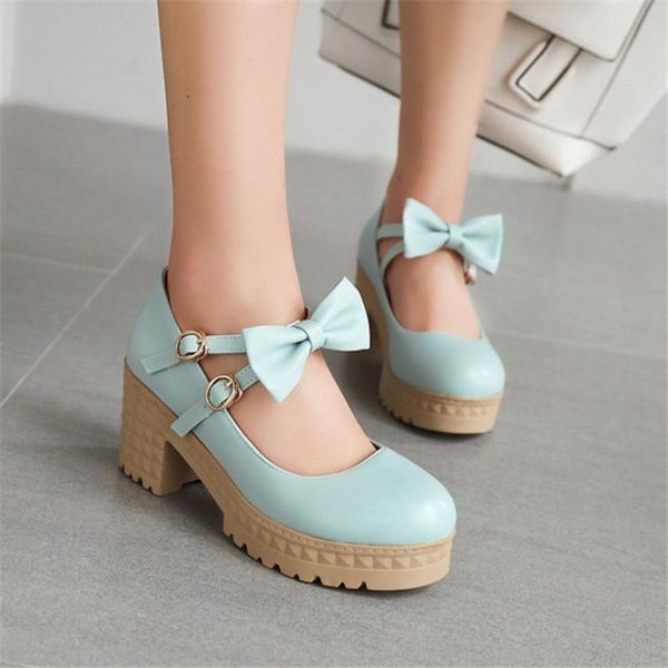 

dress shoes pxelena 2021 spring women mary janes cross strap bowtie block chunky high heels platform pumps punk goth white pink blue, Black