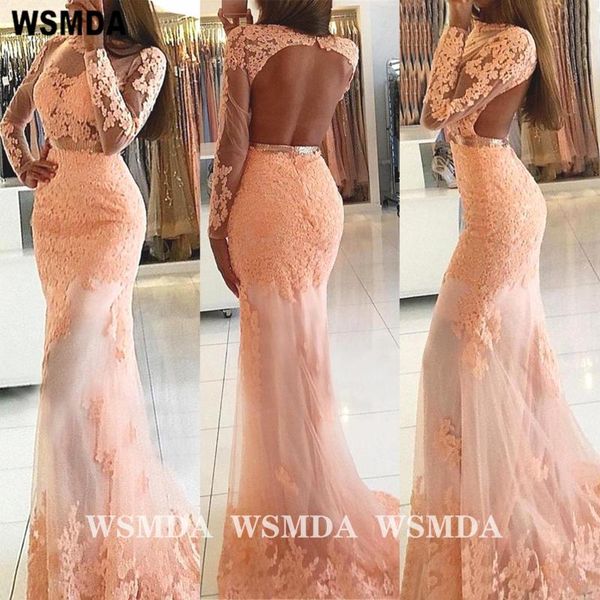 

party dresses illusion pink lace open back mermaid tulle prom dress with long sleeves formal evening gown, White;black