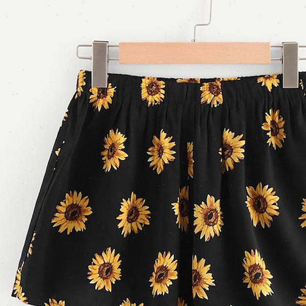 

short feminino women shorts sunflower print high waist short pants casual beach summer shorts femme, White;black