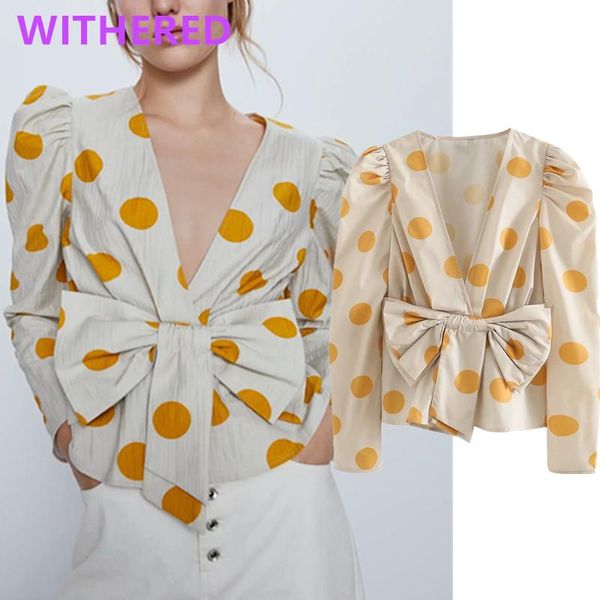 

women's blouses & shirts withered england vintage puff sleeve polka dot bow blouse women blusas mujer de moda 2021 kimono shirt womens, White