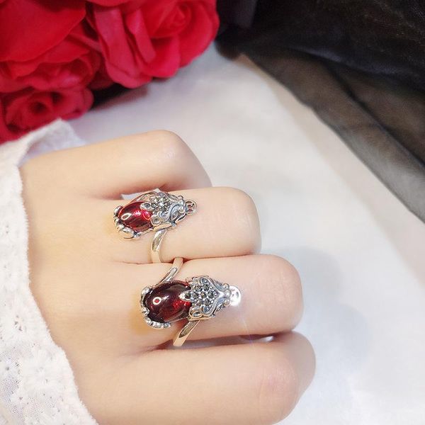 

cluster rings lucky pixiu ring prosperity transit female thai silver vintage inlaid garnet open, Golden;silver