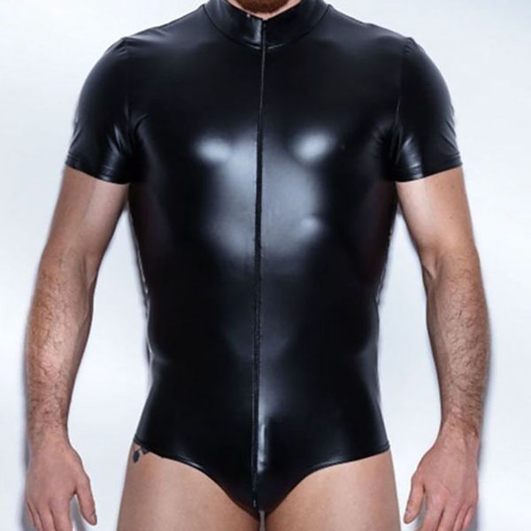 

men faux leather short sleeve bodysuit latex catsuit men crotchless lingerie zipper underwear vestidos, Black;red