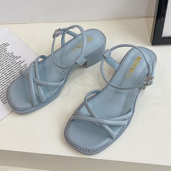 

sandals 2021 fashion narrow band women summer square heels female casual shoes open toe buckle strap platform, Black