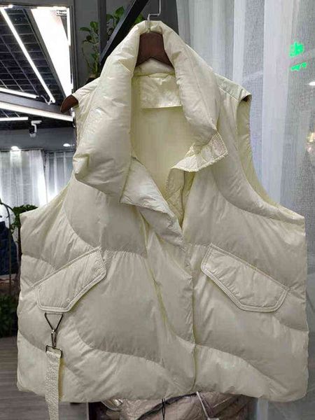 

fmfssom loose causal 90% white duck down jacket women sleeveless asymmetric length beige spring autumn windpoof basic outwear 211130, Black