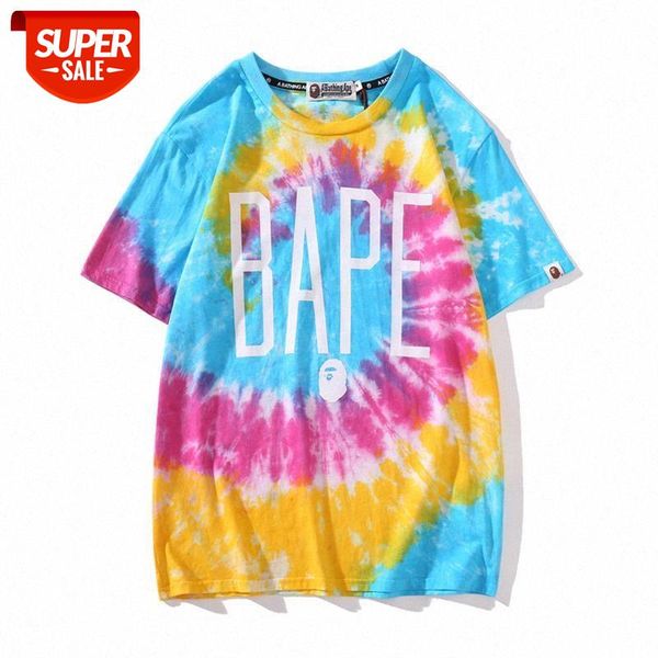 

summer japanese tide brand color tie-dye gradient printing men and women couples cotton short-sleeved t-shirt #vk2r, White;black