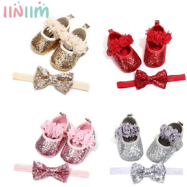 

0-18m newborn infant baby girls sequins bowknot headwear shoes princess first walkers birthday party shoes soft flower