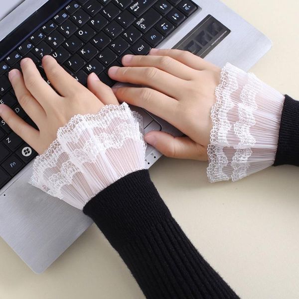 

five fingers gloves 1 pair korean women girls fake flared sleeves layered lace pleated ruched false cuffs sweater wrist warmers ., Blue;gray