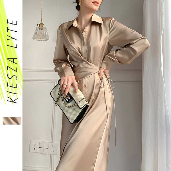 Champagner-Hemdkleid Frühling Herbst Französische elegante Satin-Langarmkleider Mode edle Outfits 210608