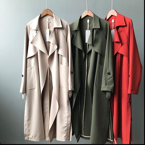 

2021 new long women belt trenches knee length fashion asymmetric high street coats slim waisted casual trenches midi red, Tan;black