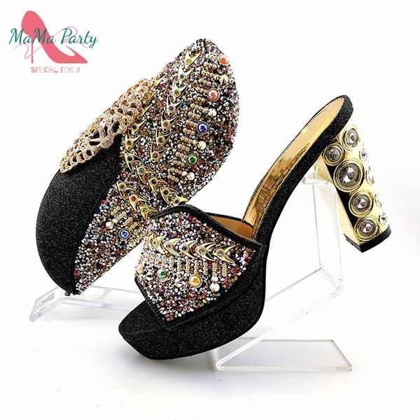 

dress shoes black color arrivals 2021 winter nigerian women and bag set with platform mature style shinning crystal for part