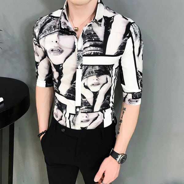 

mode 2021 summer half manly sleeve casual shirts simple beauty girls print thin adjustment club tux dress streetwear homme blouse k23t, White;black