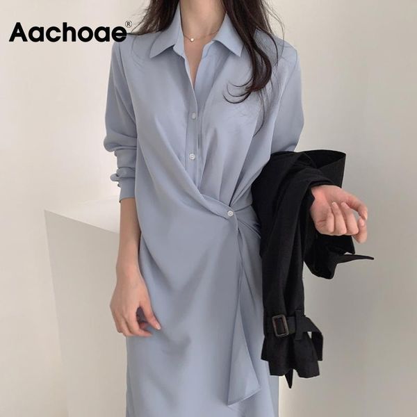 

casual dresses aachoae solid elegant shirt dress women pleated stylish office wear midi turn down collar chic ropa de mujer, Black;gray