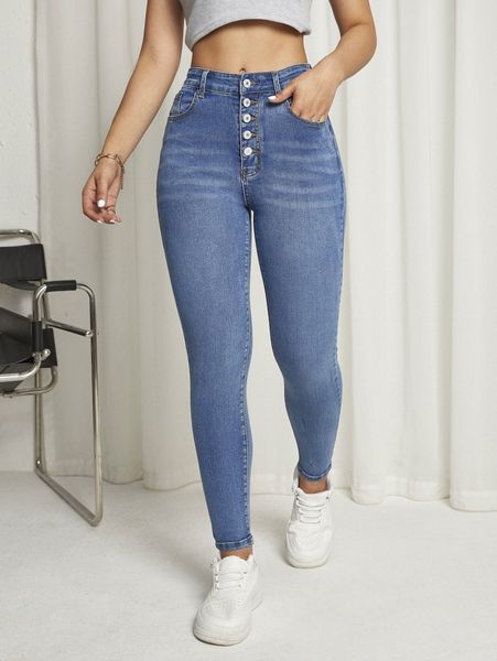 

button detail skinny jeans q0hv#, Blue