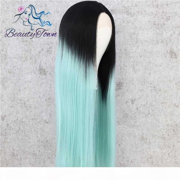 

beautytown handtied silky straight ombre blue heatresistant makeup cosplay celebrity girl wedding party synthetic lace front wig, Black