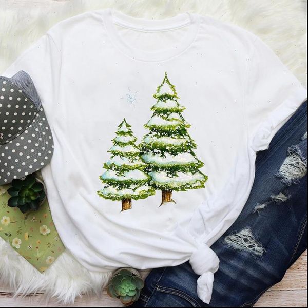 

women womens t shirt snow tree winter cute year 90s style merry christmas graphic tees clothes print lady female, White
