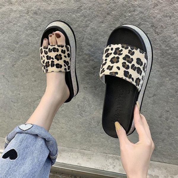 

slippers summer 2021 women's shoes rhinestone platform sandals for women style fashion thick-soled solid color indoor, Black
