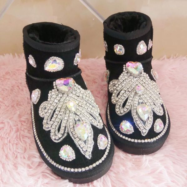 

boots 2021 winter women sheep fur bows diamond snow waterproof sheepskin, Black