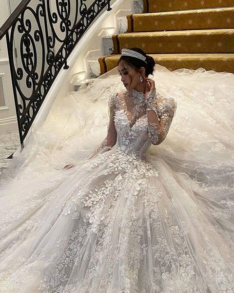 

2021 new pearls 3d flower lace high neck wedding es long sleeves garden plus size dubai arabic bridal gown vestido de noiva gl2q, White