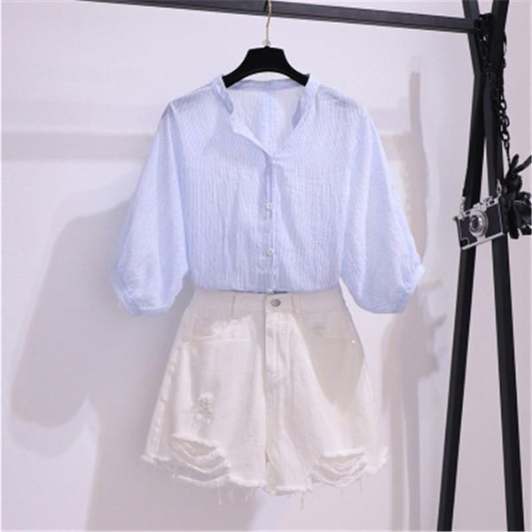 

cbafu casual summer 2 piece set women white wide legs hole denim shorts set lantern sleeve loose striped blouse blue f372, Gray