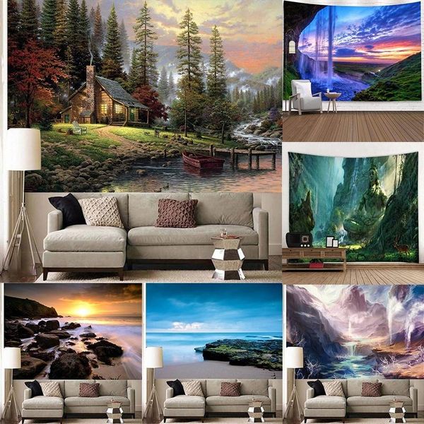 Arazzi The Blue Sea Tapestry Wall Decor Classic Landscape Sunset Beach Pattern Ocean Forest Room Decorazione domestica