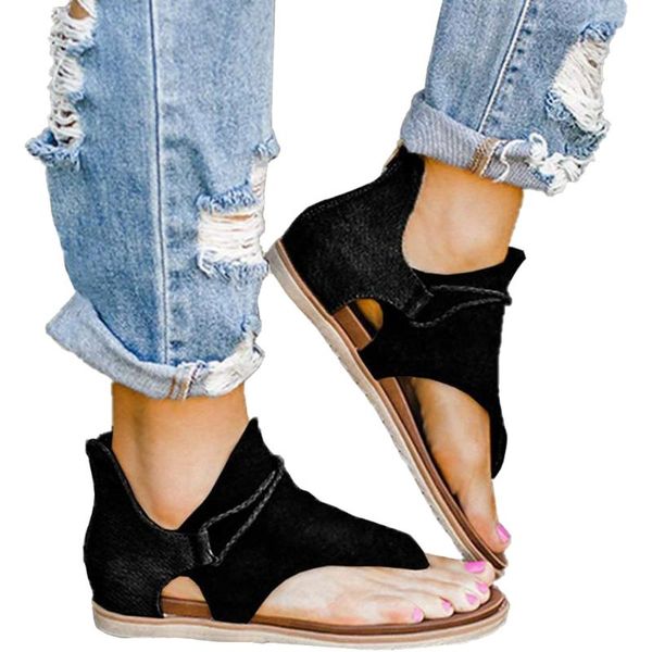

newly women flat sandals breathable anti-slip back zipper open toe casual for summer beach dod886, Black