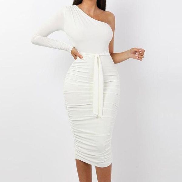 

casual dresses women elegant fashion white cocktail party slim fit one shoulder belted ruched design bodycon midi dress, Black;gray
