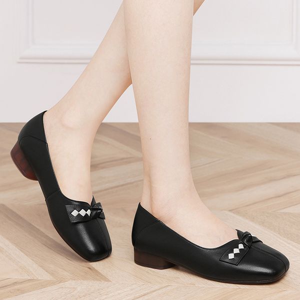 

luxury dress shoes fashion spring and autumn french high heels rivet square head thick heel women's leather single sho 5522, Black