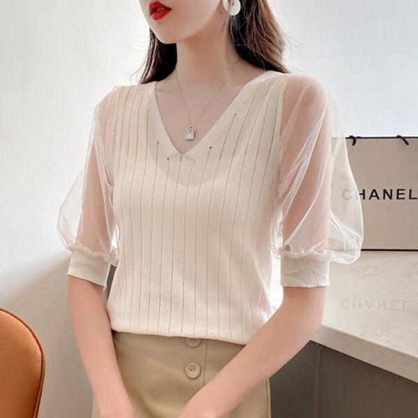 

women's blouses & shirts korean fashion women woman knitted v-neck shirt mesh patchwork blouse blusas femininas elegante, White