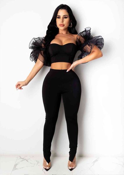 

birthday outfits two piece set womens tracksuits strapless perspective mesh patchwork ruffle sleeve cropped sweatpant, Gray